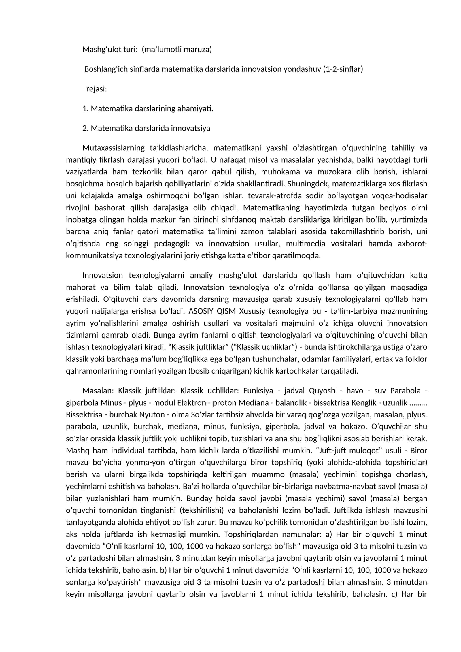 Boshlang‘ich sinflarda matematika darslarida innovatsion yondashuv (1-2-sinflar)