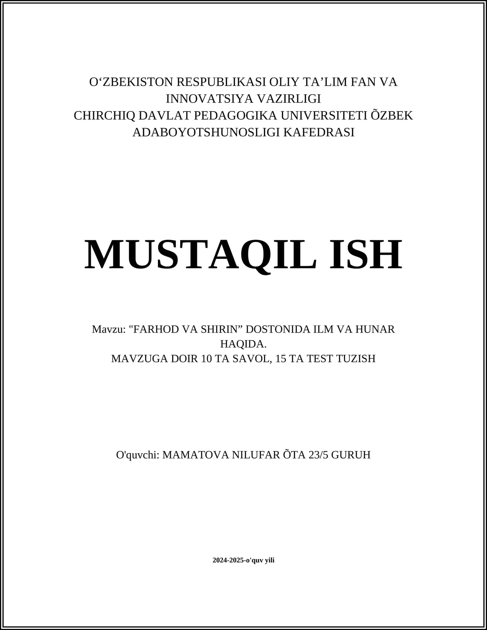 "FARHOD VA SHIRIN” DOSTONIDA ILM VA HUNAR HAQIDA
