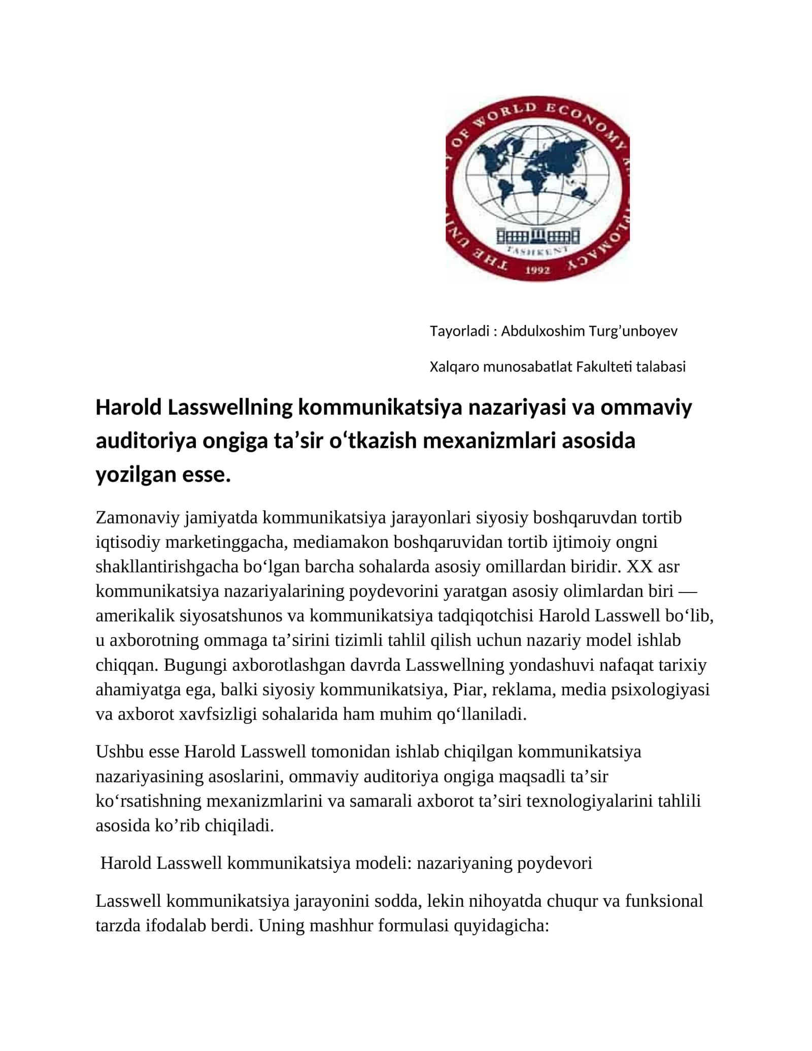 Kommunikatsiya nazariyasi va ommaviy auditoriya ongiga ta’sir o‘tkazish mexanizmlari