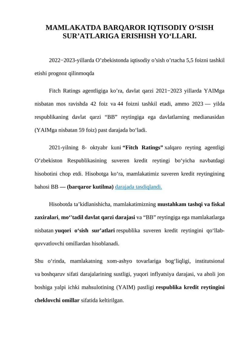 Mamlakatda Barqaror Iqtisodiy O‘Sish Sur’atlari