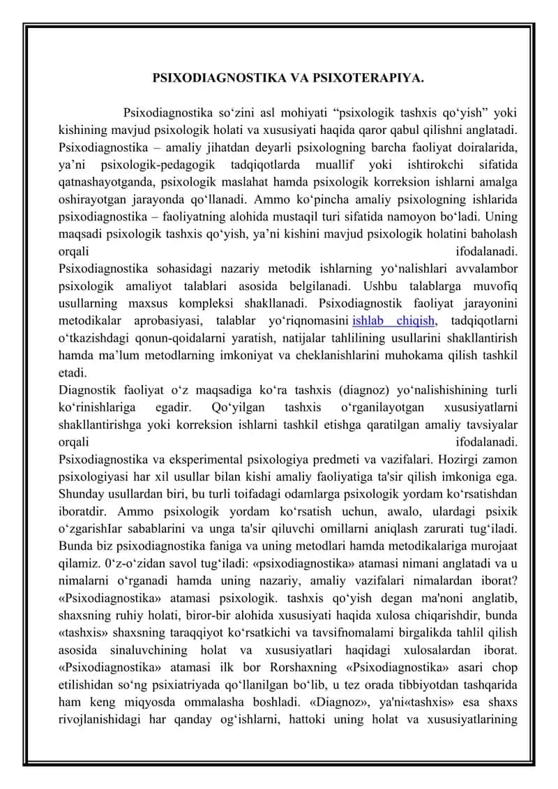Psixodiagnostika va Psixoterapiya