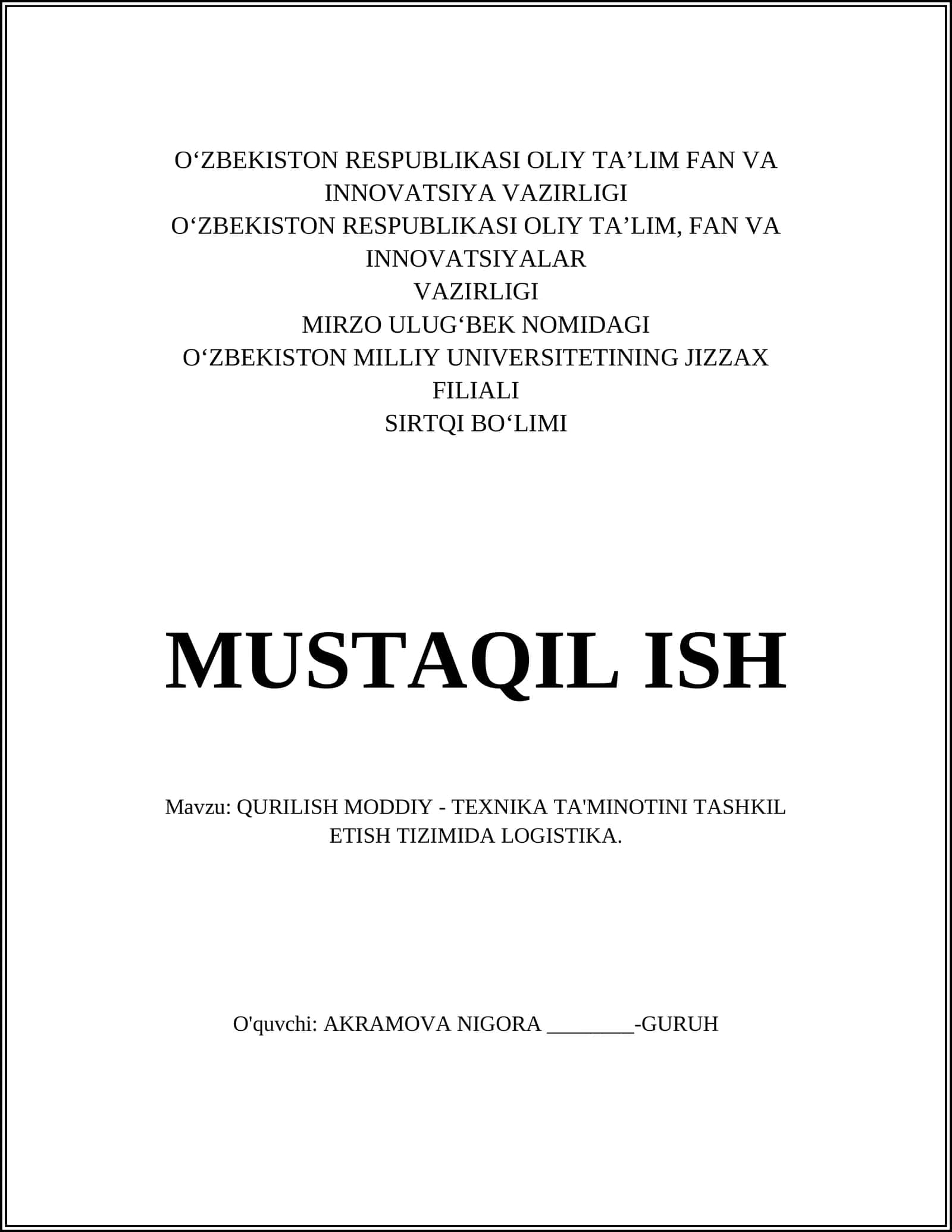 QURILISH MODDIY - TEXNIKA TA'MINOTINI TASHKIL ETISH TIZIMIDA LOGISTIKA