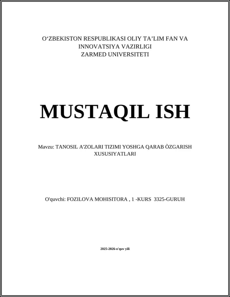 TANOSIL A'ZOLARI TIZIMI YOSHGA QARAB ÒZGARISH XUSUSIYATLARI
