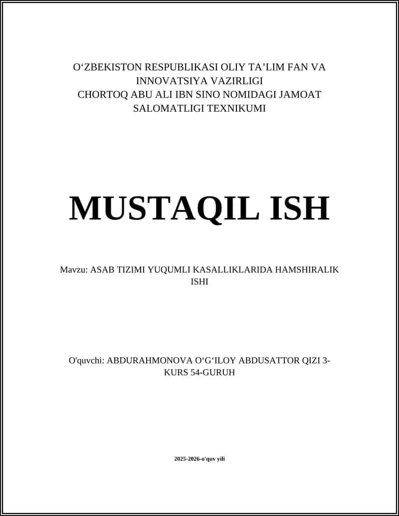 ASAB TIZIMI YUQUMLI KASALLIKLARIDA HAMSHIRALIK ISHI