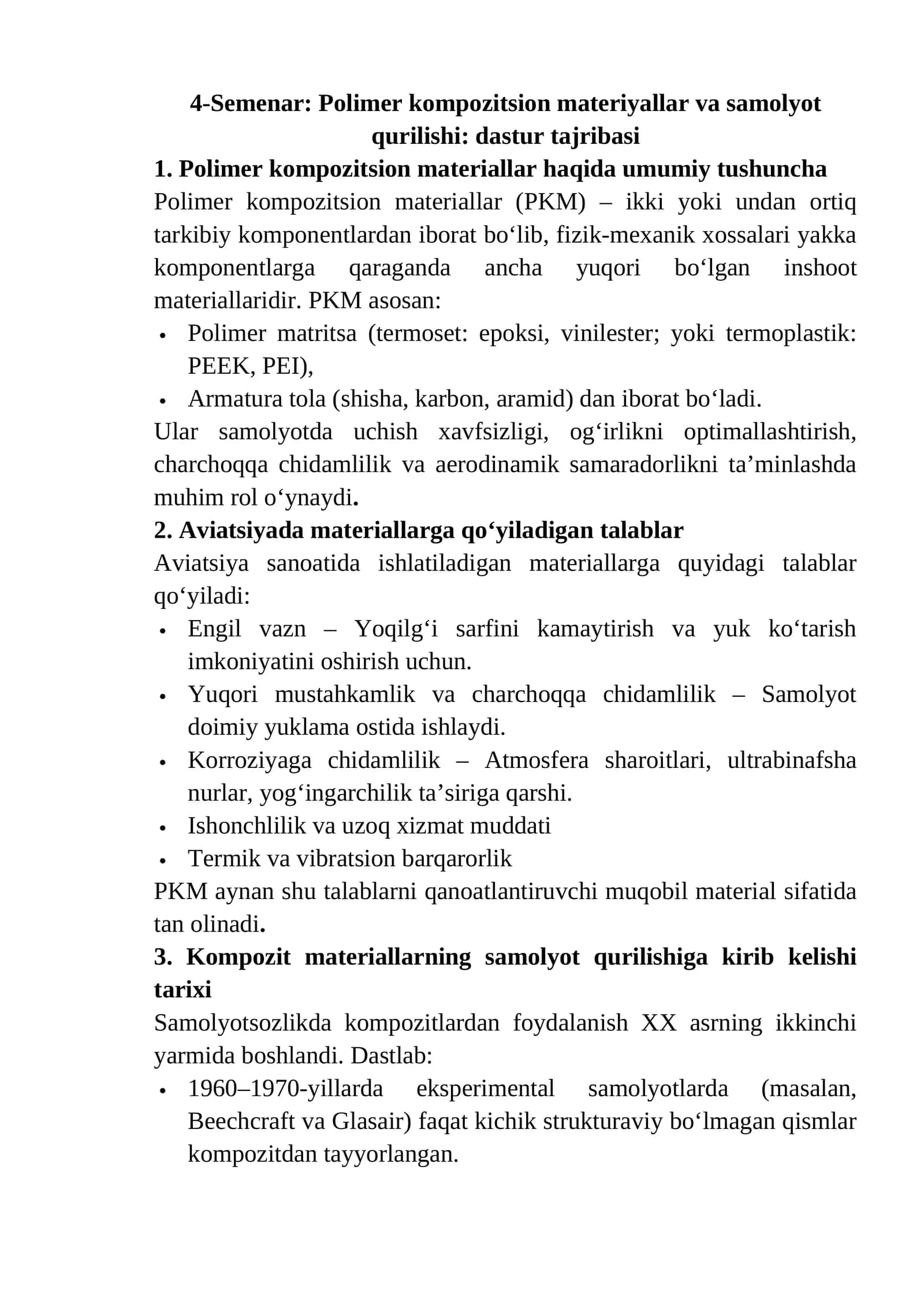 Polimer kompozitsion materiyallar va samolyot qurilishi: dastur tajribasi