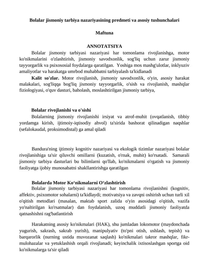 Bolalar jismoniy tarbiya nazariyasining predmeti va asosiy tushunchalari