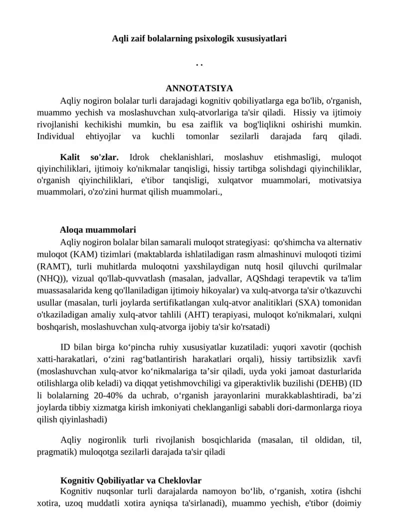 Aqli zaif bolalarning psixologik xususiyatlari