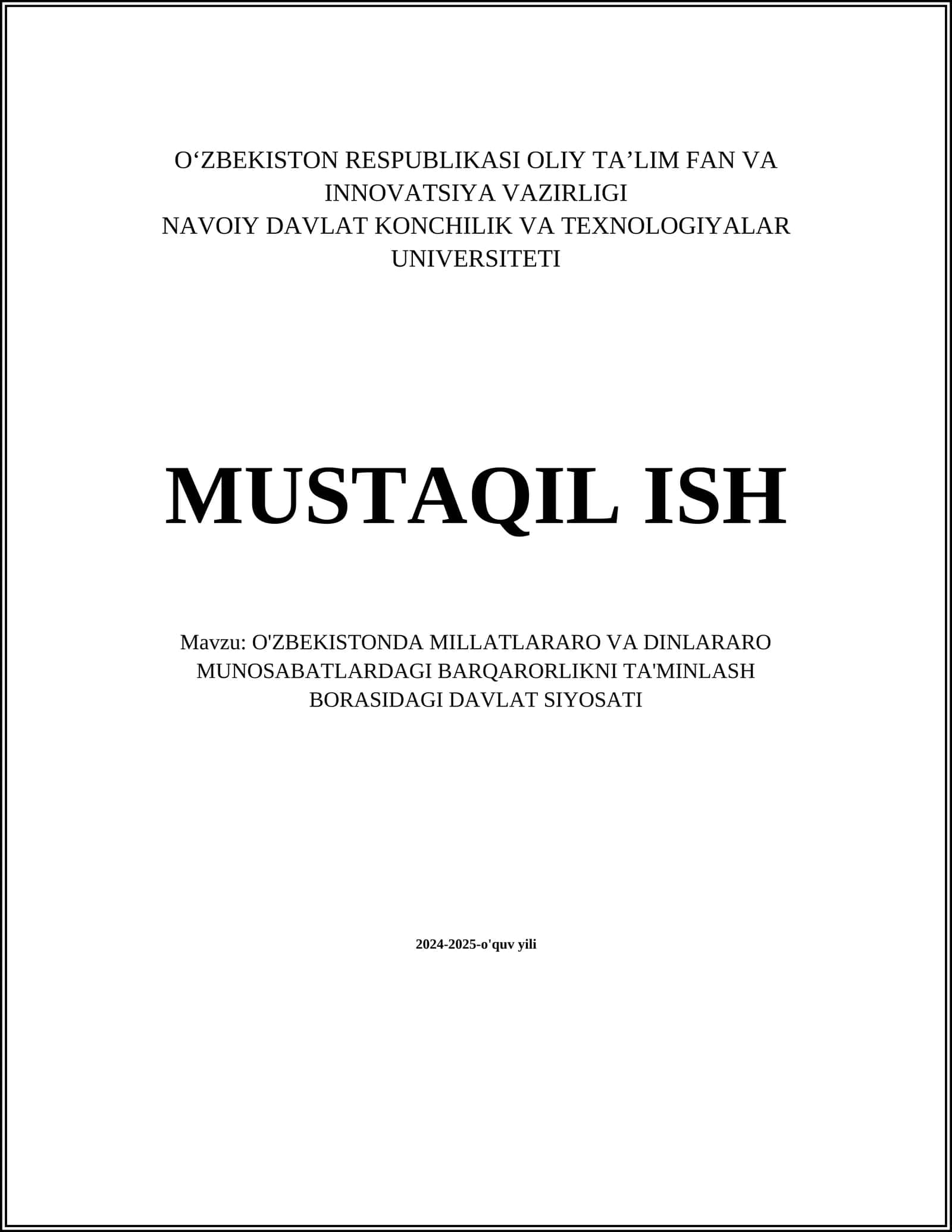 O'ZBEKISTONDA MILLATLARARO VA DINLARARO MUNOSABATLARDAGI BARQARORLIKNI TA'MINLASH BORASIDAGI DAVLAT SIYOSATI