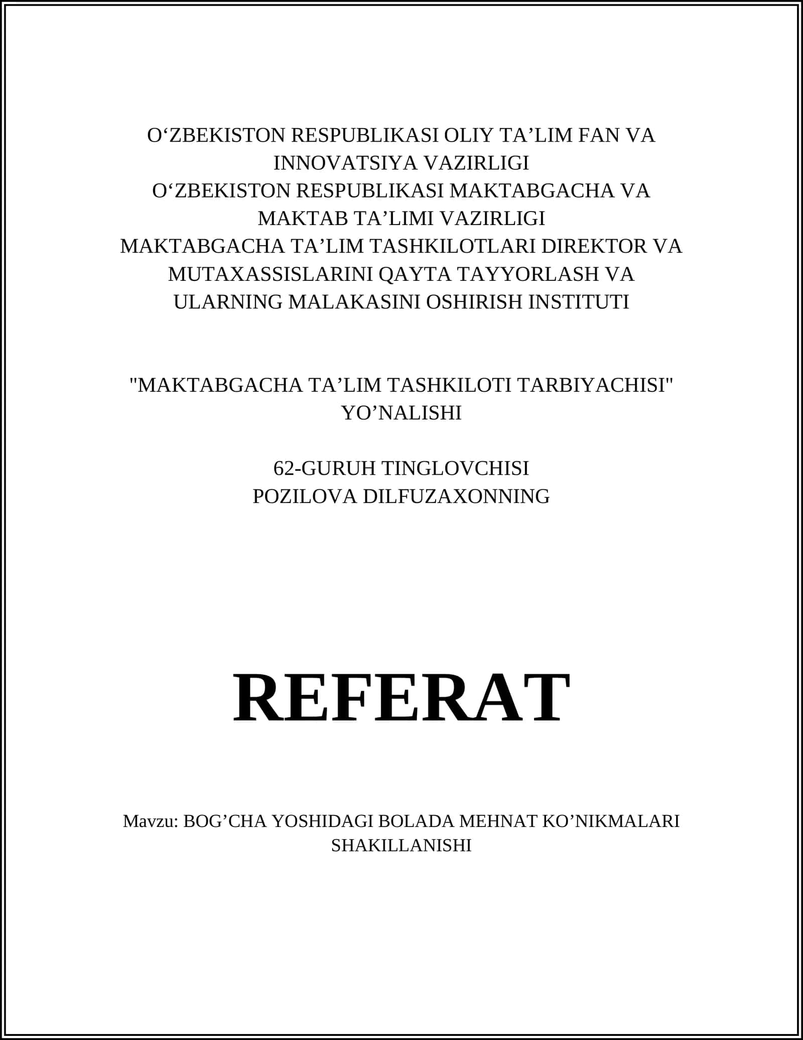 "MAKTABGACHA TA’LIM TASHKILOTI TARBIYACHISI" YO’NALISHI