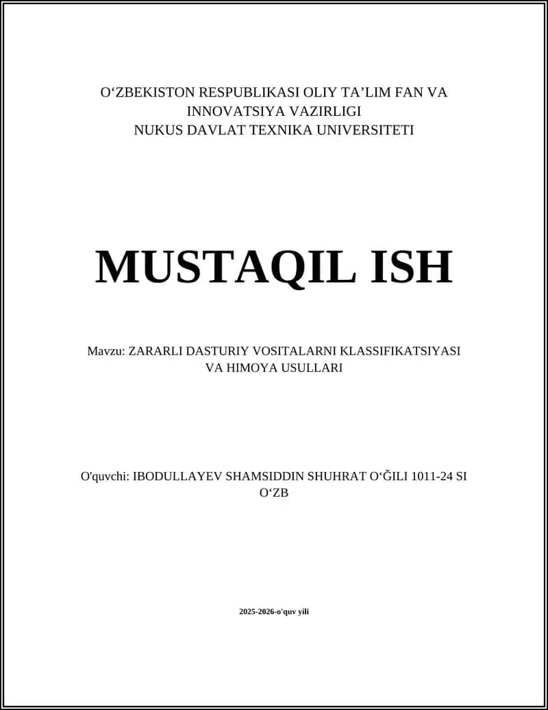 ZARARLI DASTURIY VOSITALARNI KLASSIFIKATSIYASI VA HIMOYA USULLARI