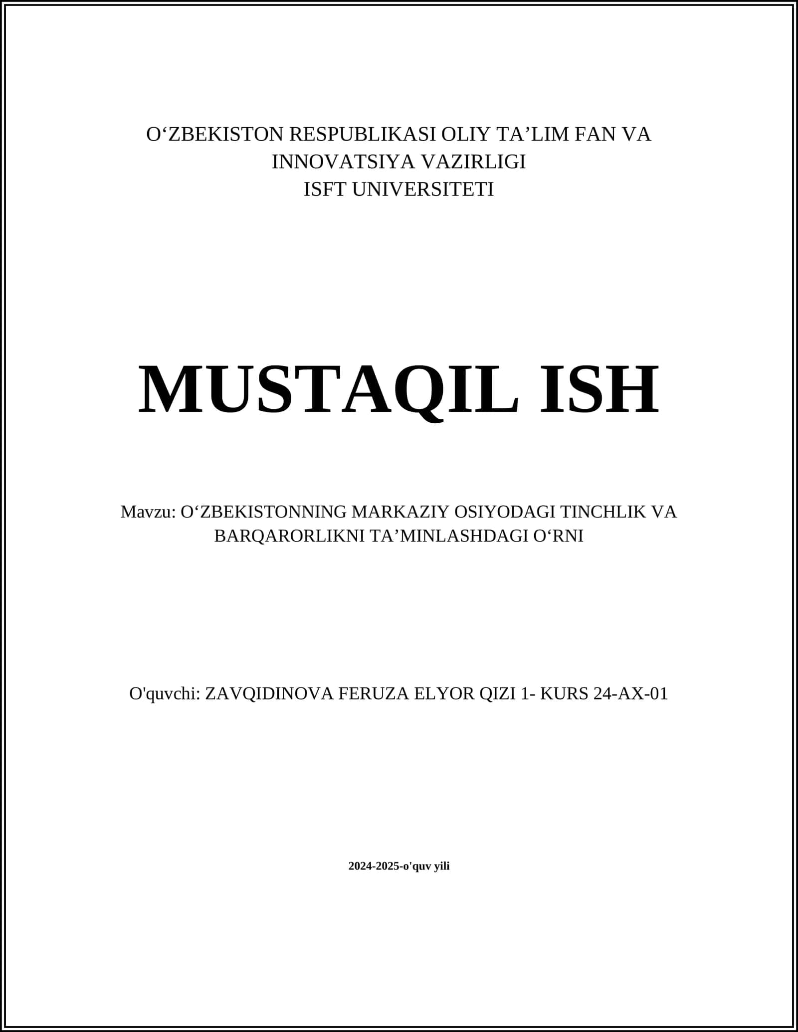 O‘zbekistonning Markaziy Osiyodagi Tinchlik va Barqarorlikni Taʼminlashdagi Oʻrni