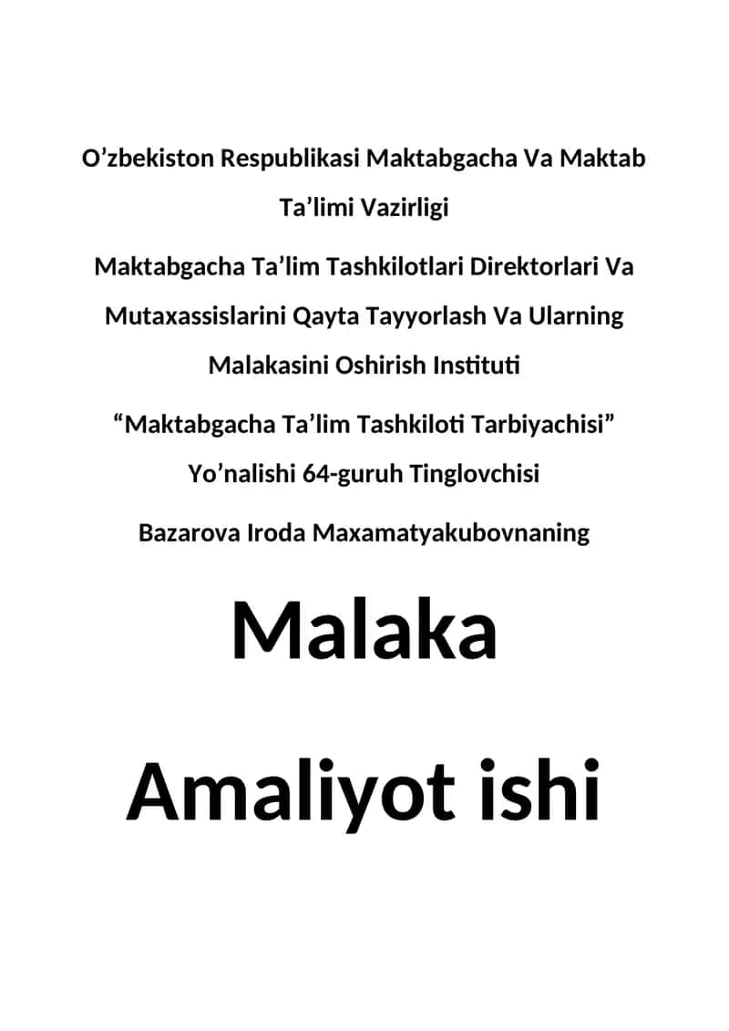 "Maktabgacha Ta’lim Tashkilotlari Direktorlari Va Mutaxassislarini Qayta Tayyorlash Va Ularning Malakasini Oshirish Instituti"