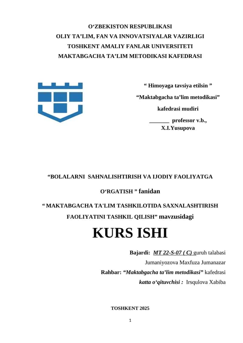 MAKTABGACHA TA'LIM TASHKILOTIDA SAXNALASHTIRISH FAOLIYATINI TASHKIL QILISH