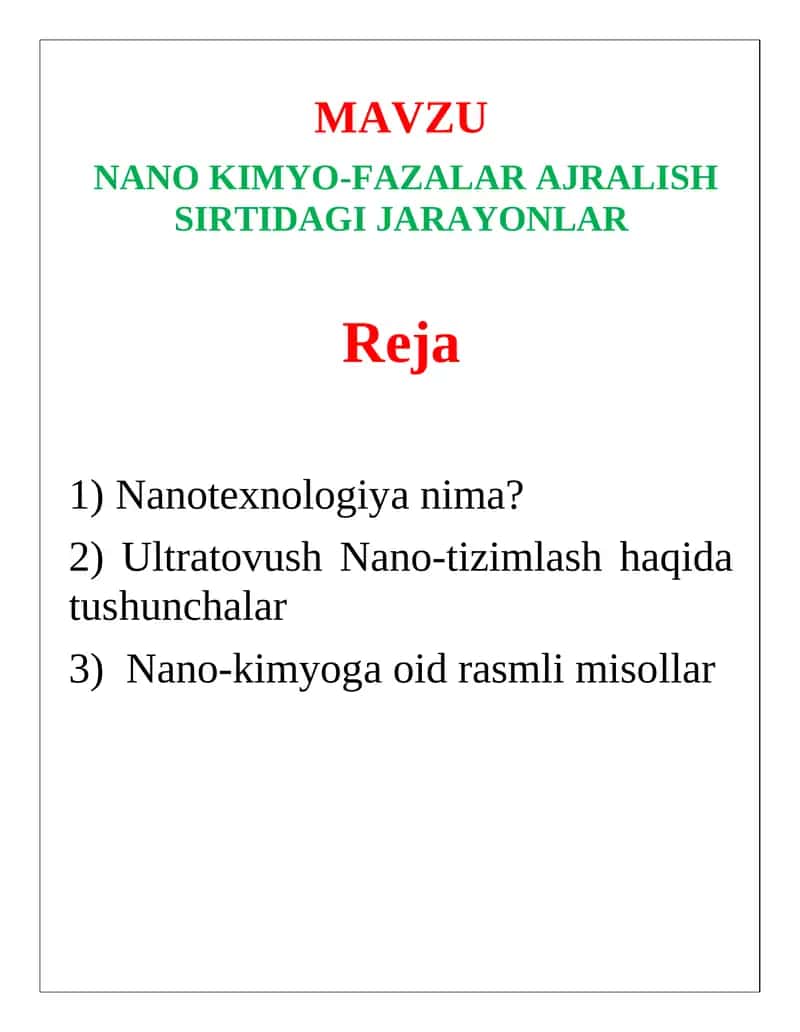 nano kimyoviy jarayonlar