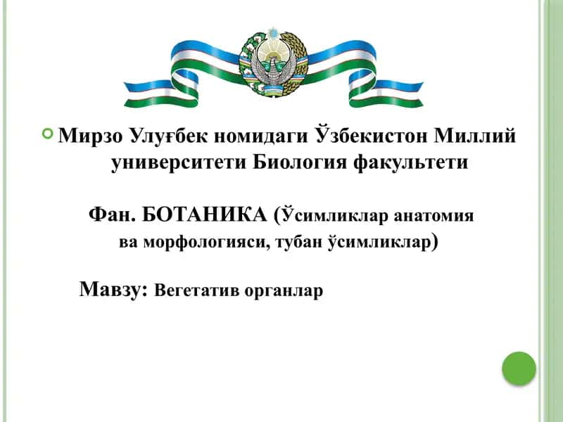 Фан.БОТАНИКА (Ўсимликлар анатомия ва морфологияси, тубан ўсимликлар)