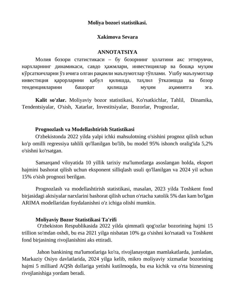 Moliya bozori statistikasi