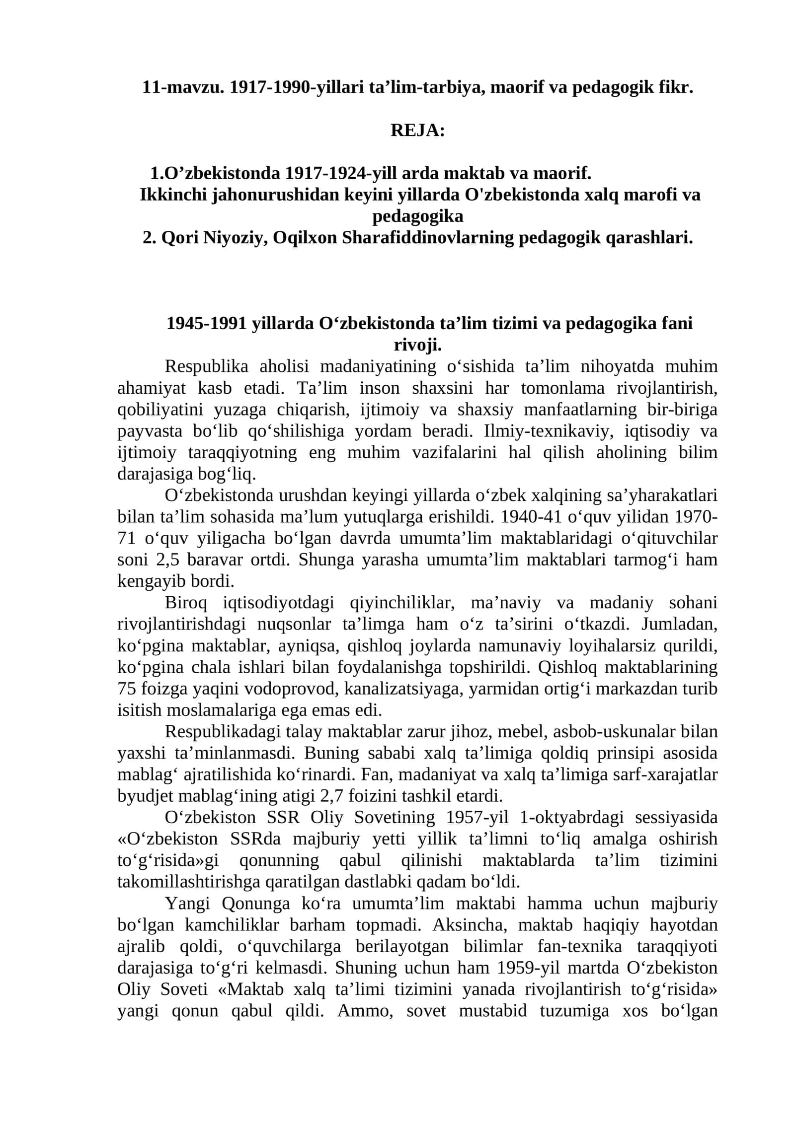1917-1990-yillari ta’lim-tarbiya, maorif va pedagogik fikr