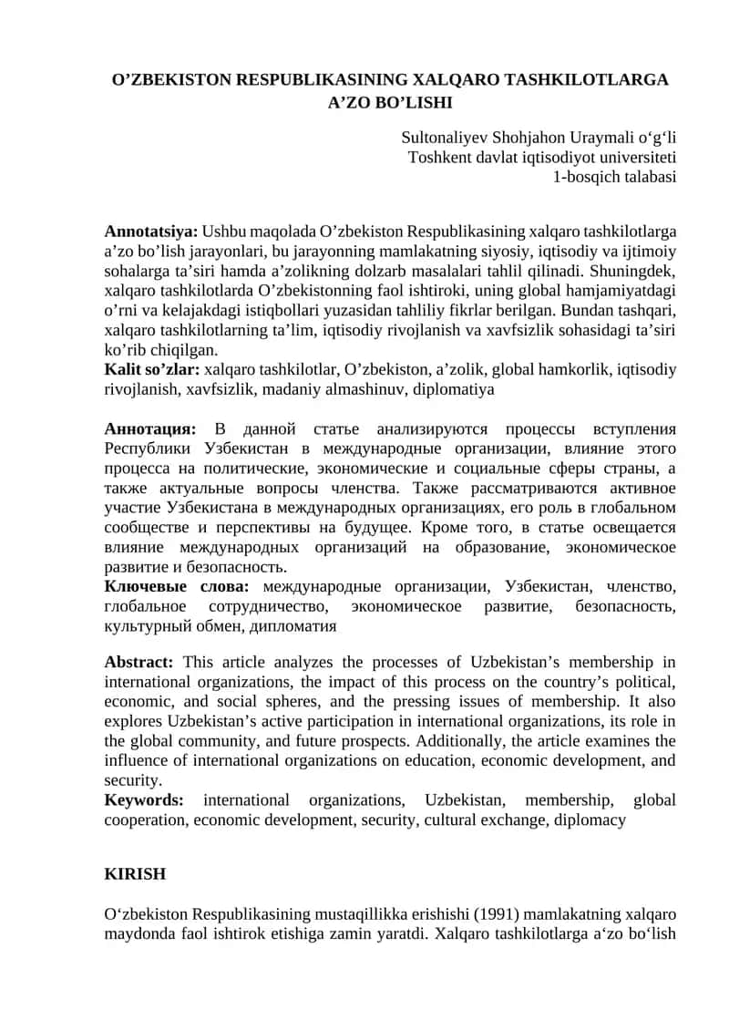 O’ZBEKISTON RESPUBLIKASINING XALQARO TASHKILOTLARGA A’ZO BO’LISHI