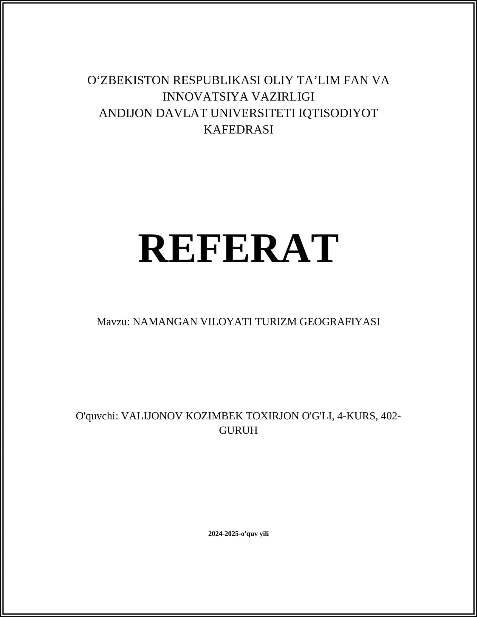 NAMANGAN VILOYATI TURIZM GEOGRAFIYASI