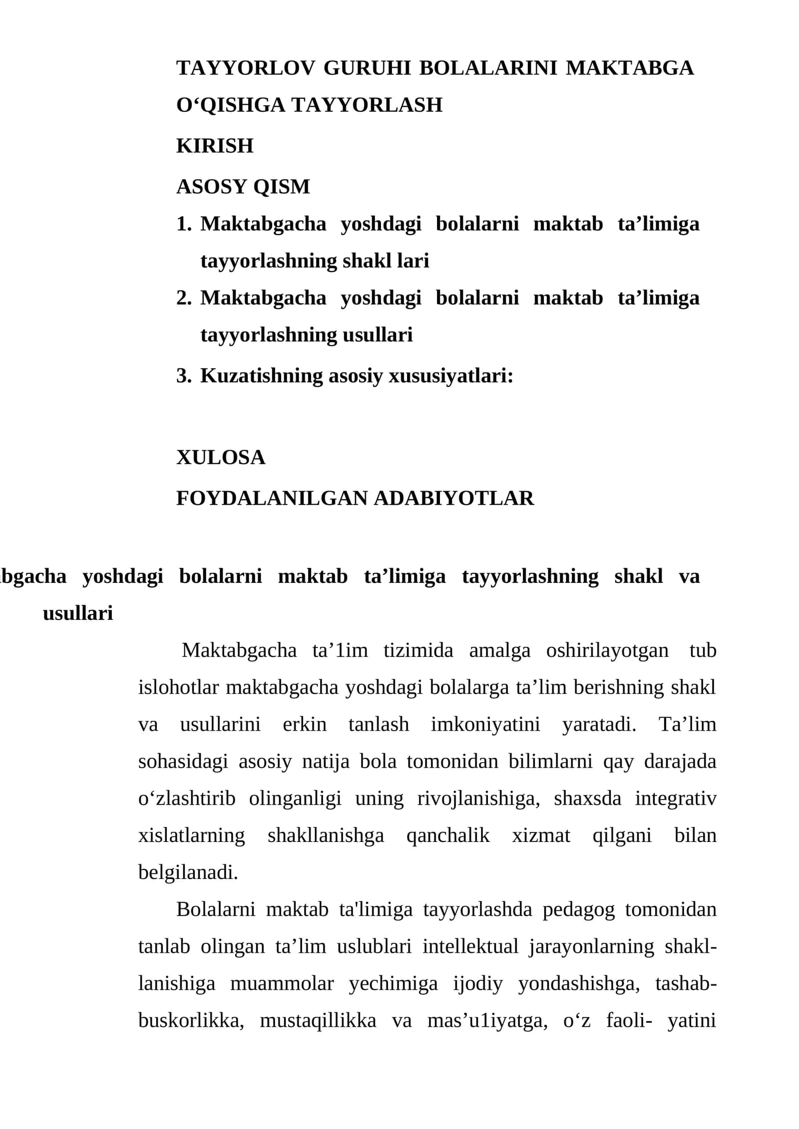 TAYYORLOV GURUHI BOLALARINI MAKTABGA O‘QISHGA TAYYORLASH