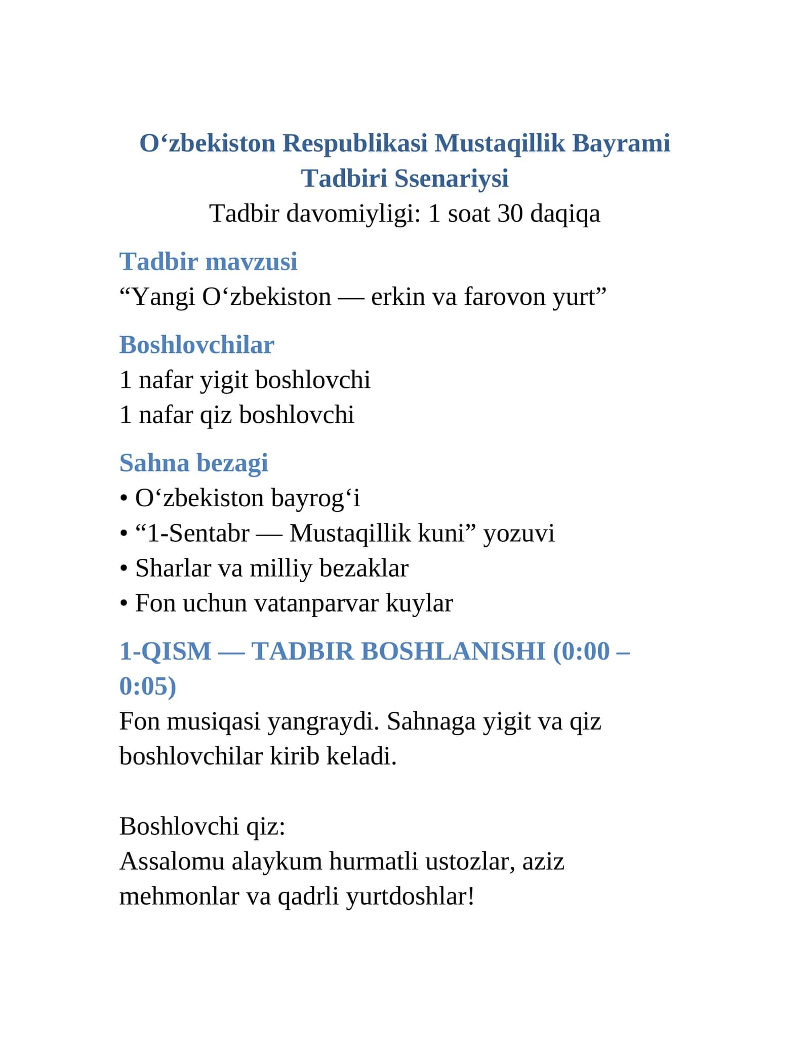 Mustaqillik bayram tadbiri ssenariysi