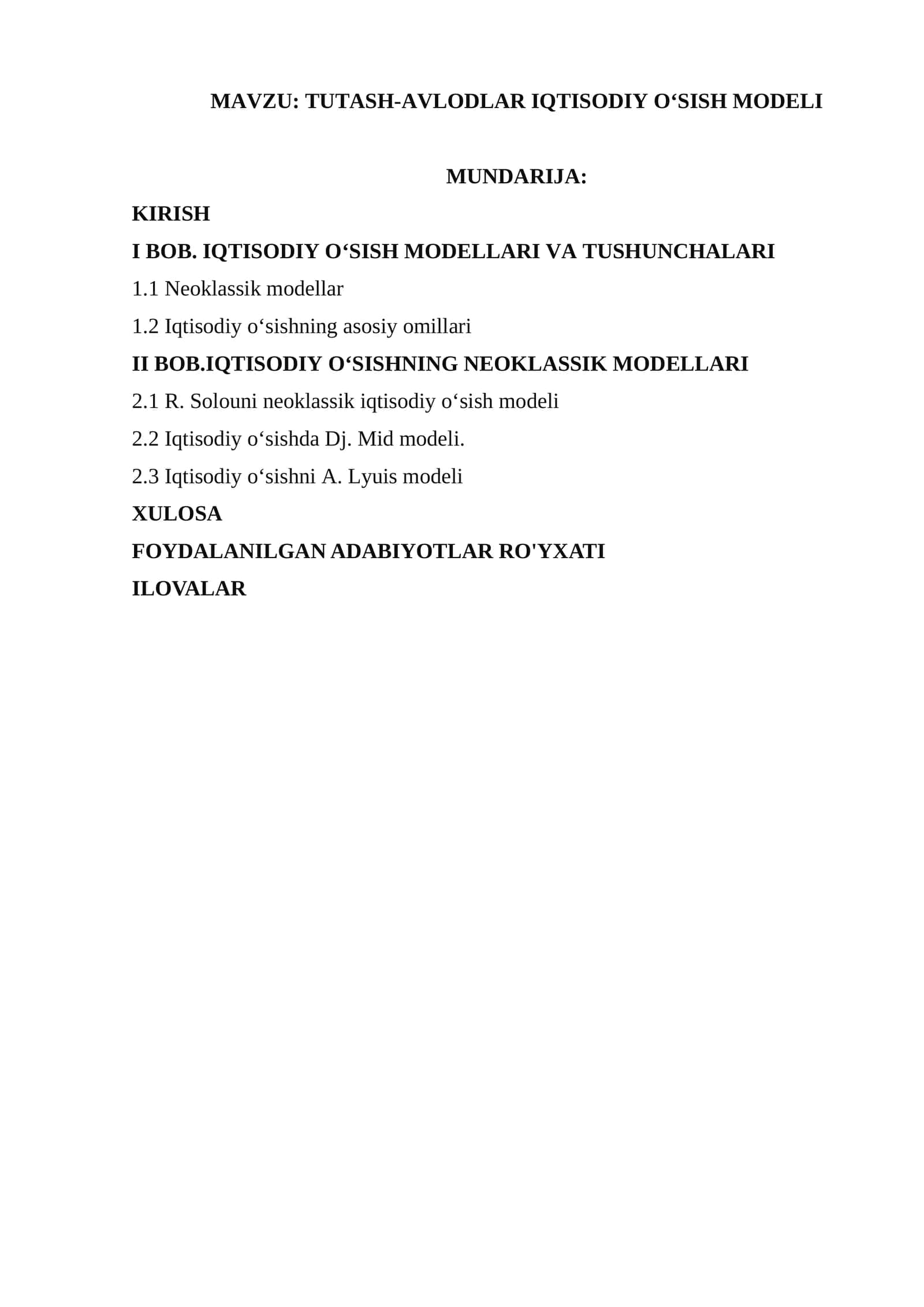 Tutash-Avlodlar Iqtisodiy O‘sish Modeli