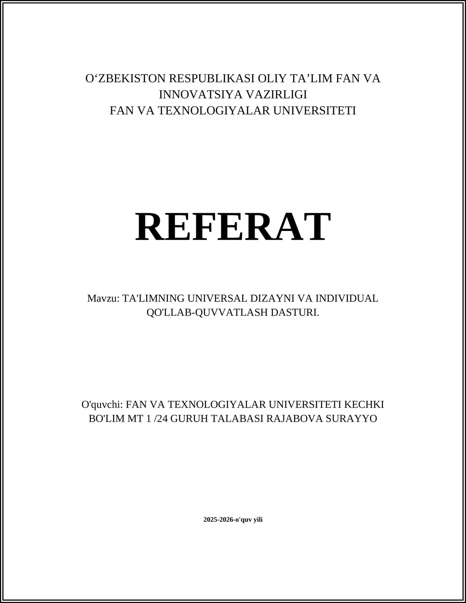 TA'LIMNING UNIVERSAL DIZAYNI VA INDIVIDUAL QO'LLAB-QUVVATLASH DASTURI
