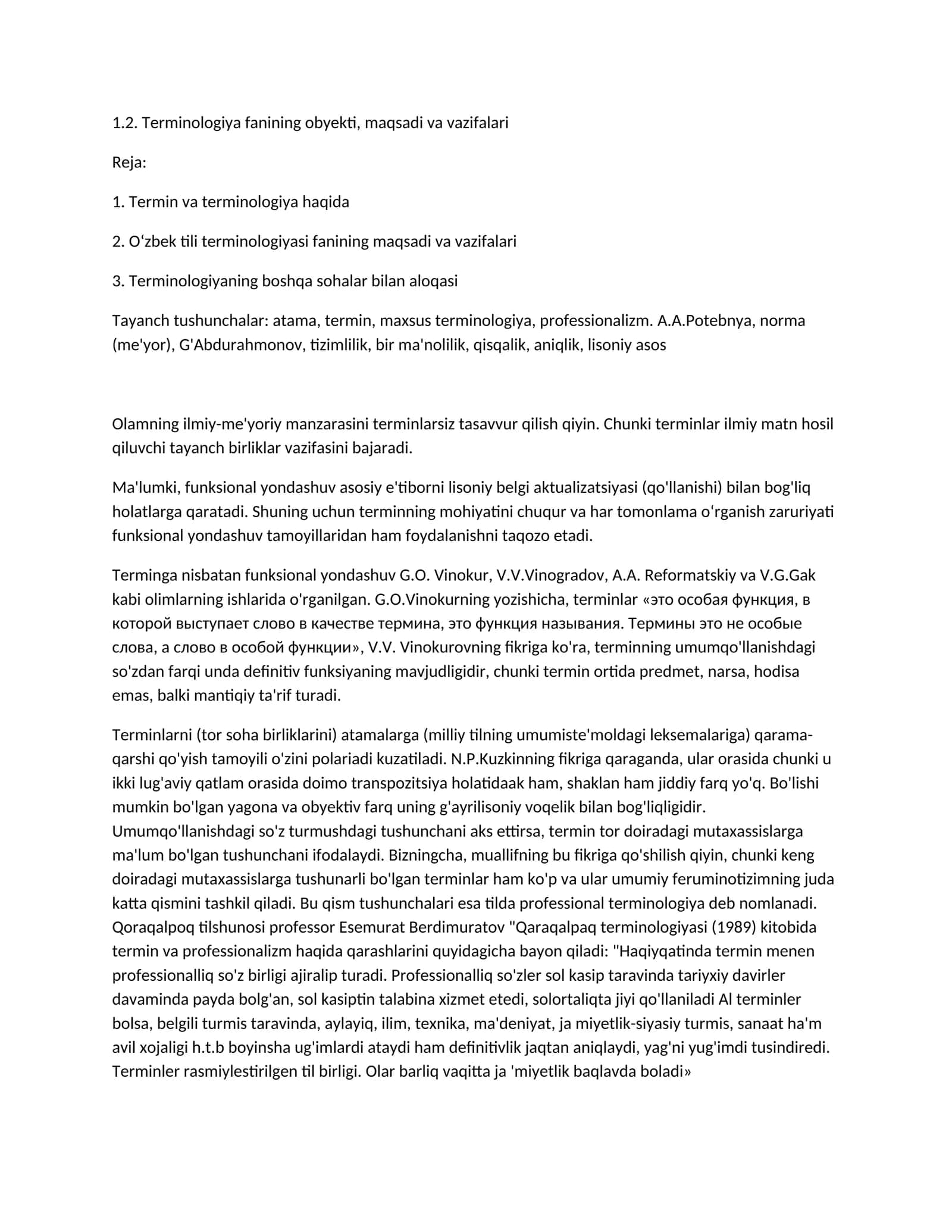 Terminologiya fanining obyekti, maqsadi va vazifalari