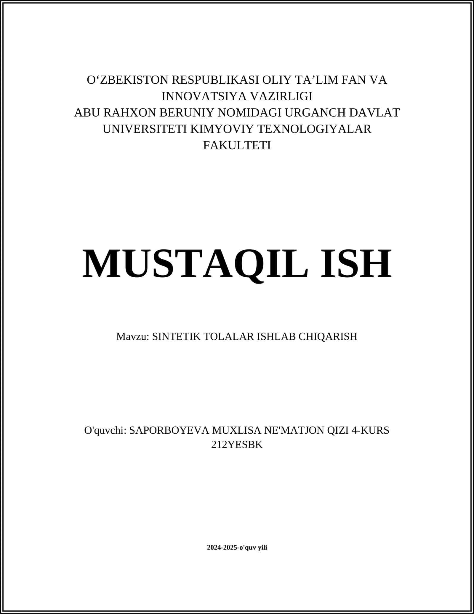 SINTETIK TOLALAR ISHLAB CHIQARISH
