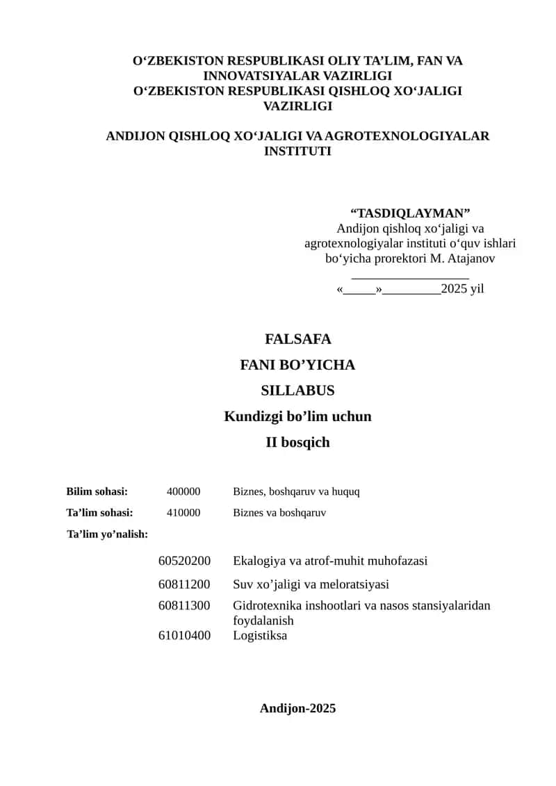 FALSAFA FANI BO’YICHA SILLABUS