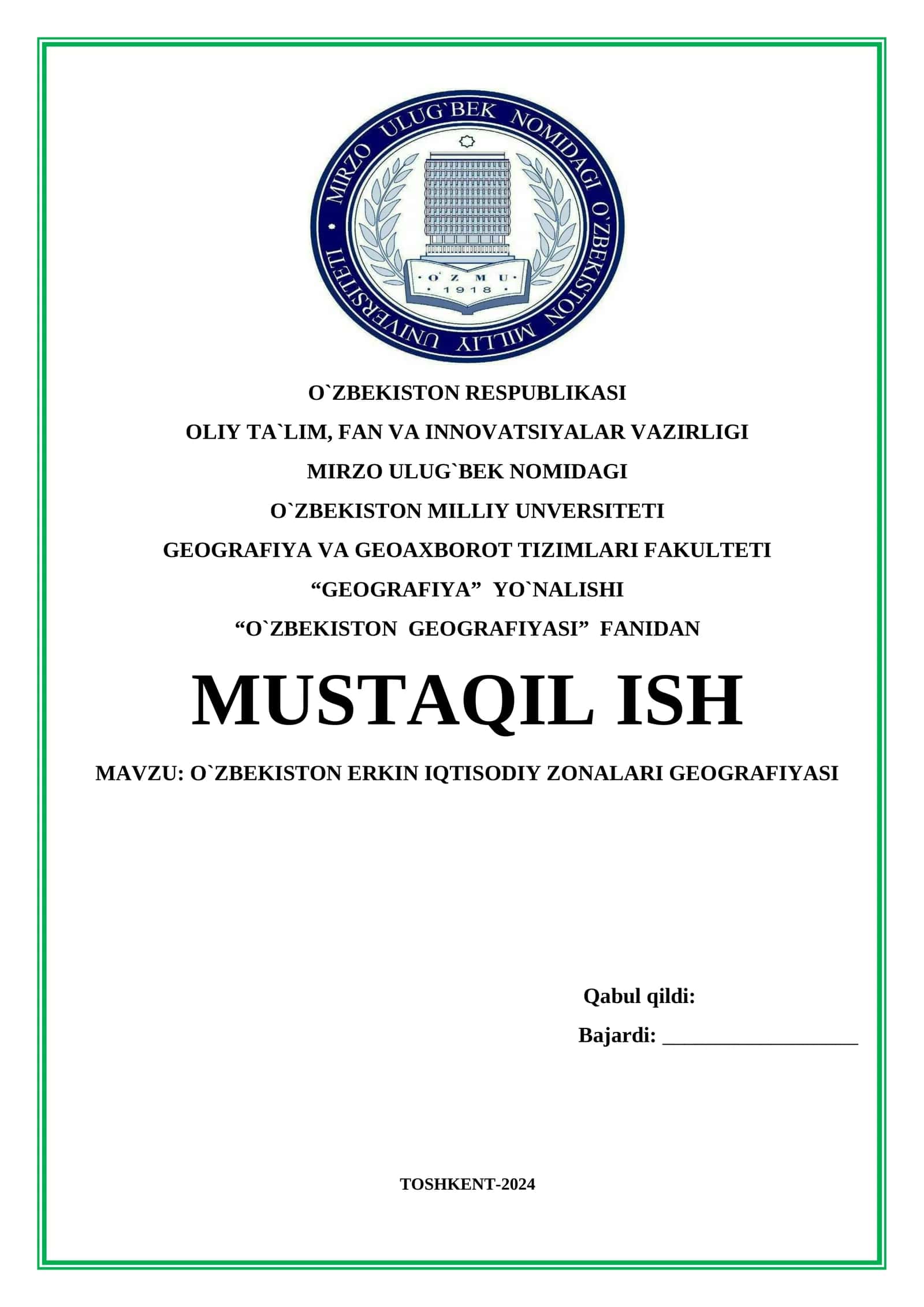O‘zbekiston Erkin Iqtisodiy Zonalarini O‘rganish