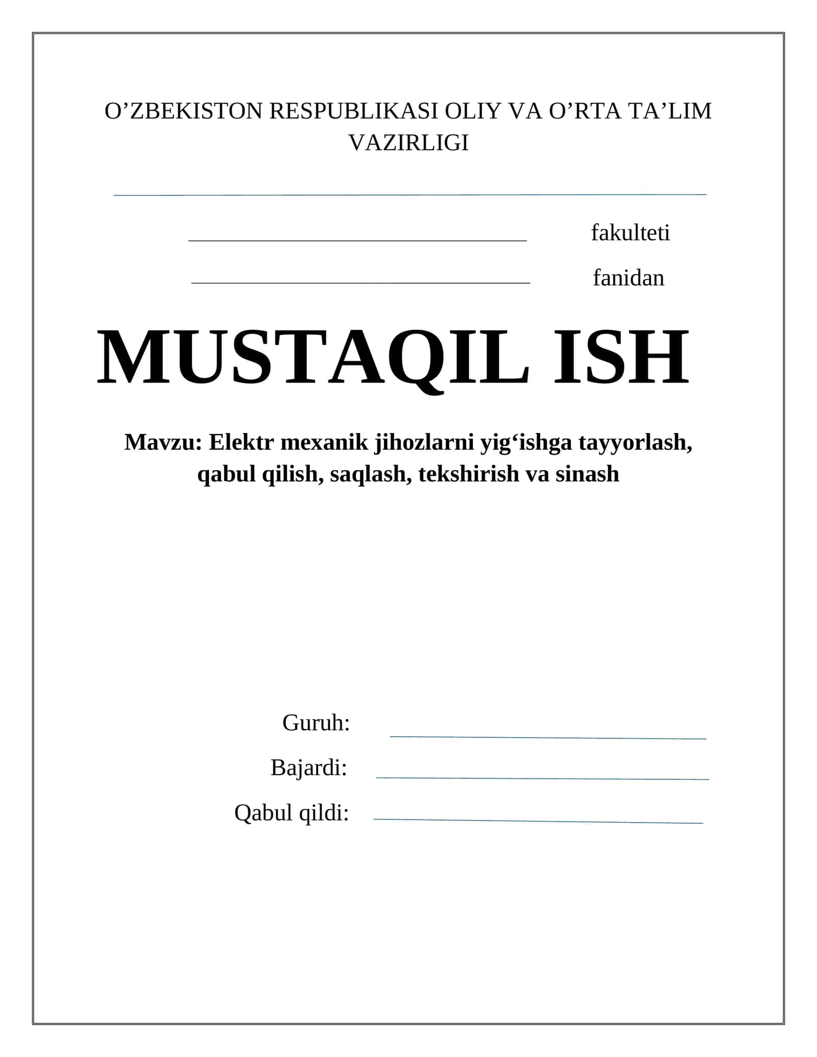 Elеktr mехanik jihozlarni yig‘ish va o‘rnatish ishlarini tashkil etish