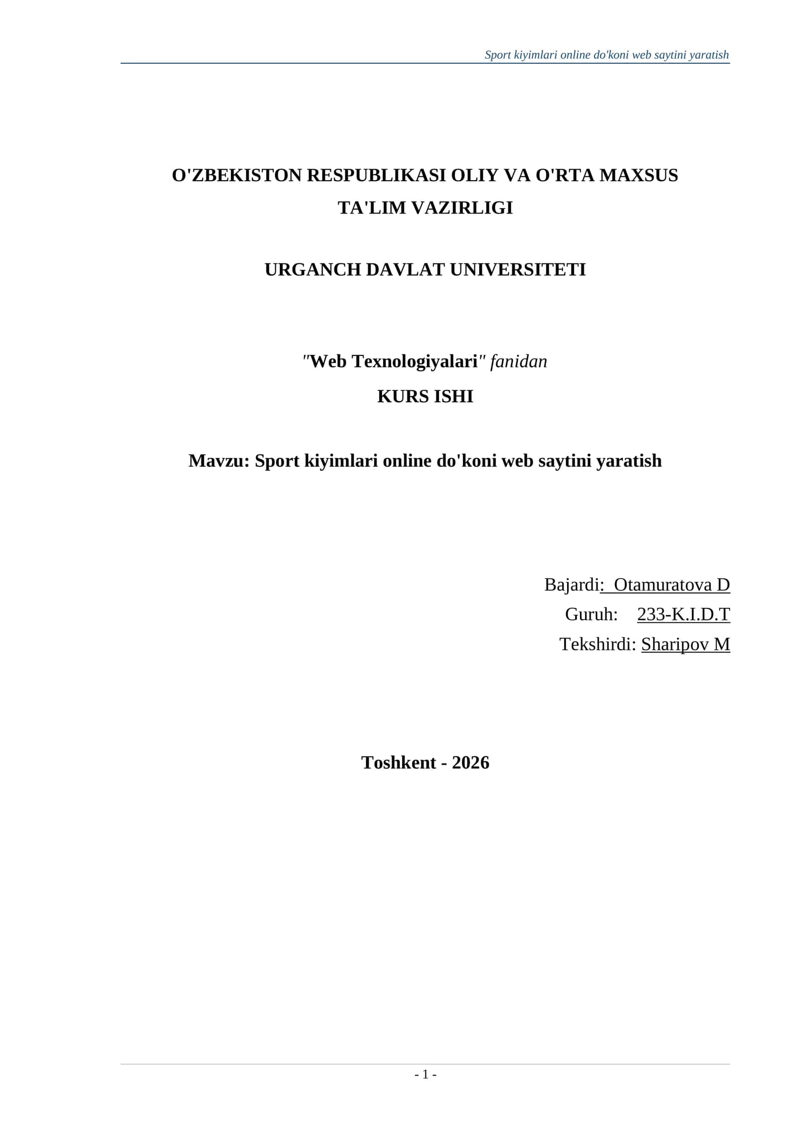 Sport Kiyimlari Online Do'koni Web Saytini Yaratish