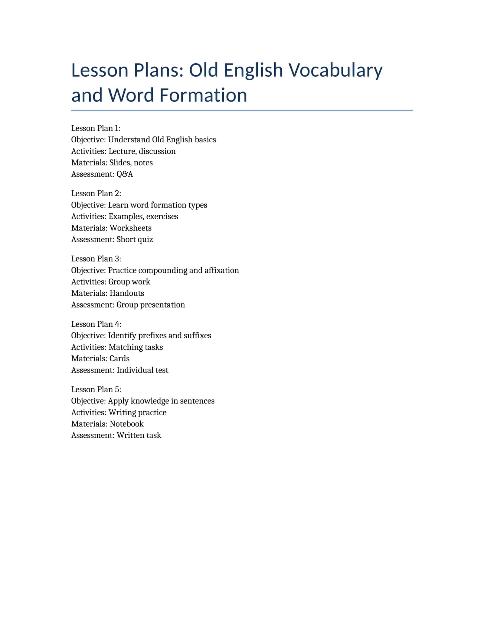 Old English Vocabulary and Word Formation Lesson Plans