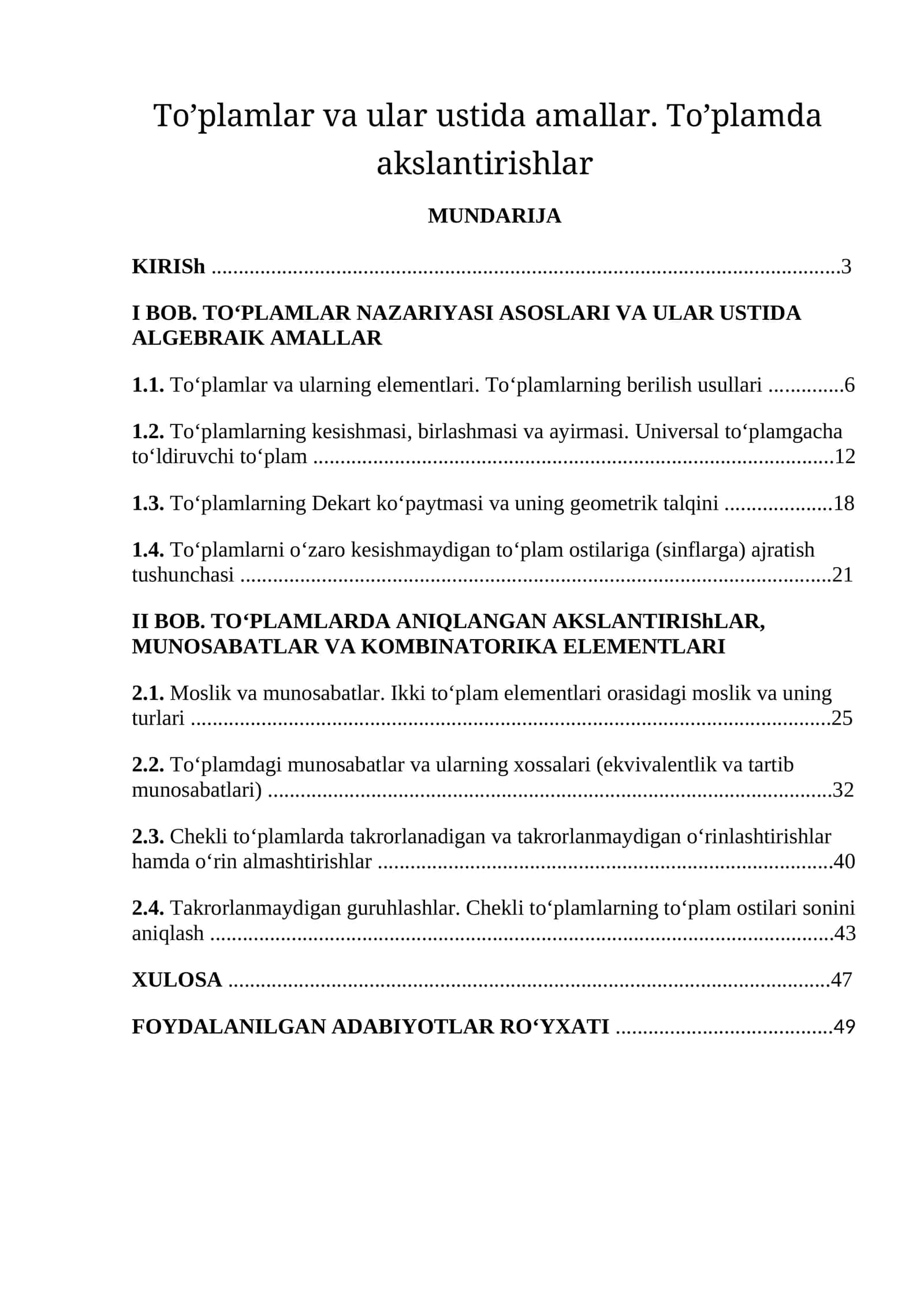 To‘plamlar va ular ustida amallar