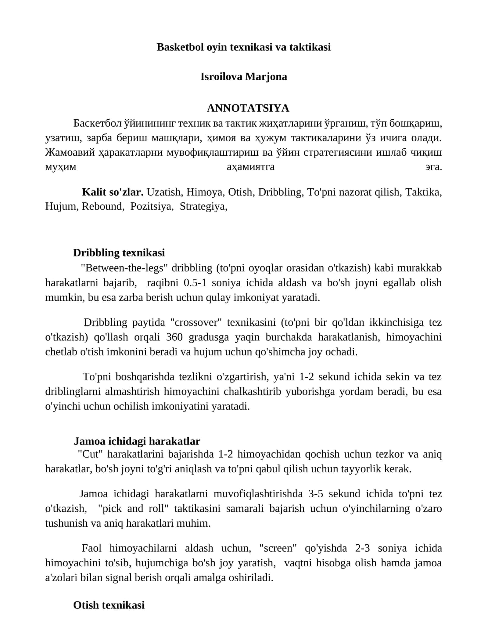 Basketbol oyin texnikasi va taktikasi