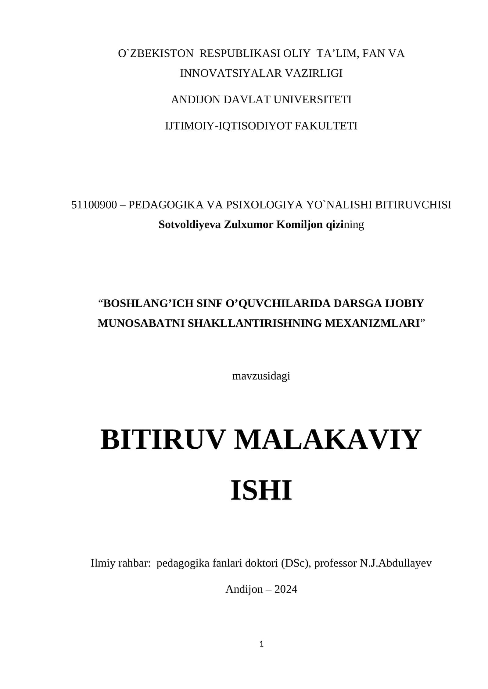 BOSHLANG’ICH SINF O’QUVCHILARIDA DARSGA IJOBIY MUNOSABATNI SHAKLLANTIRISHNING MEXANIZMLARI