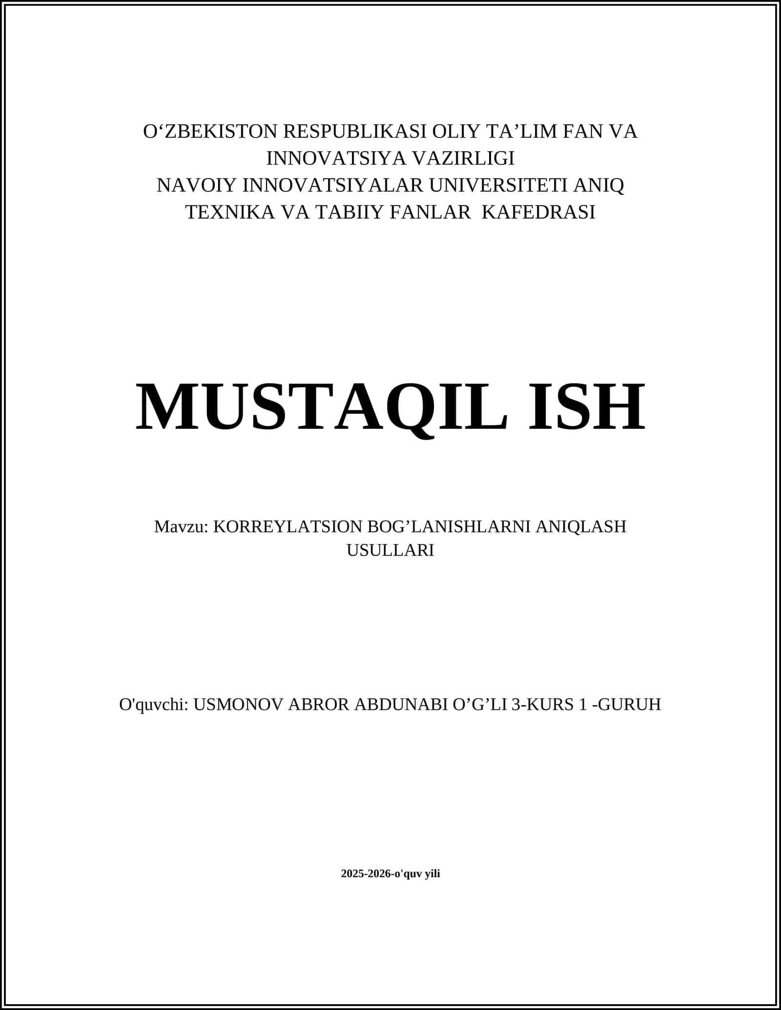 KORREYLATSION BOG’LANISHLARNI ANIQLASH USULLARI