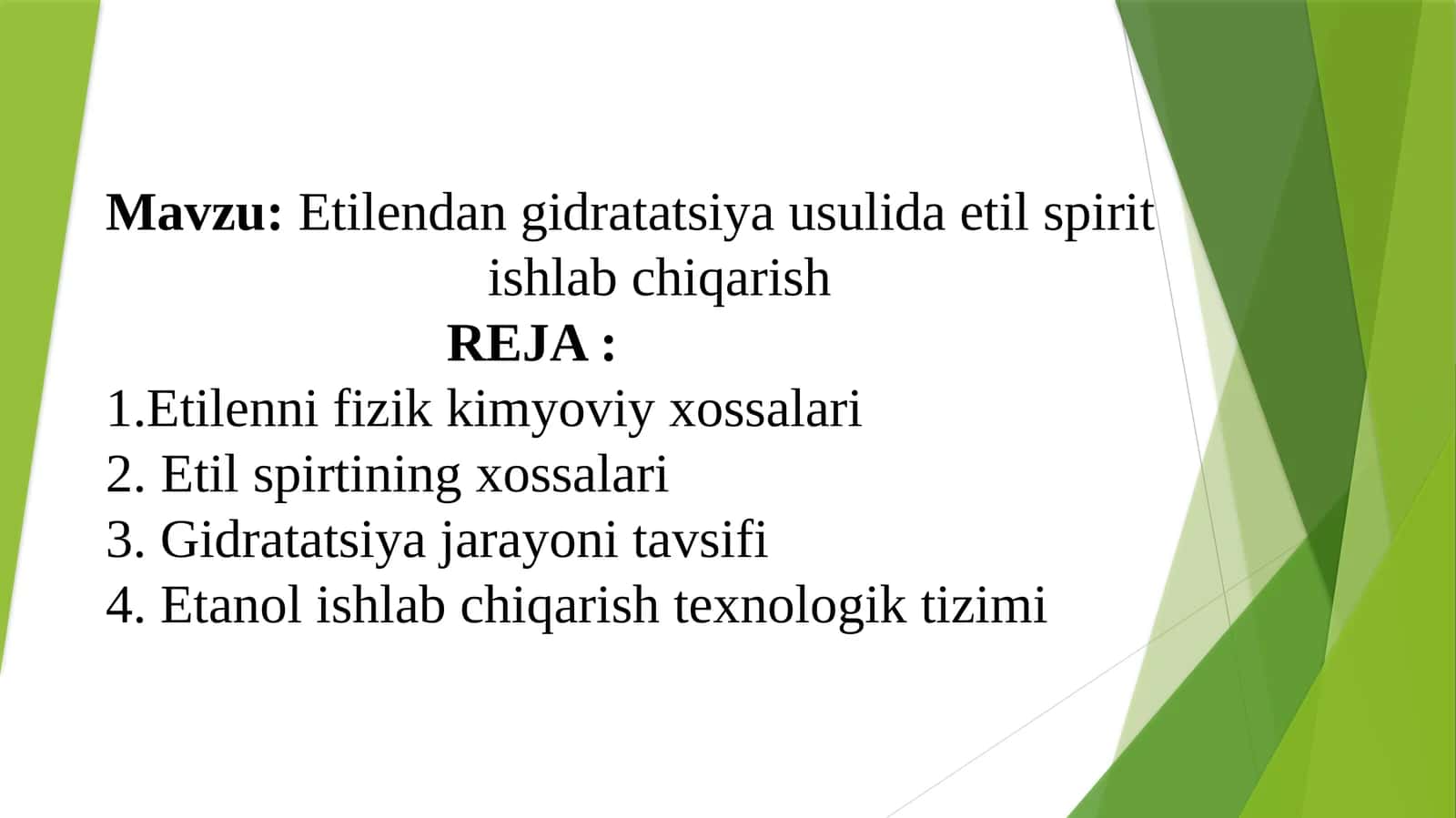 Etilendan gidratatsiya usulida etil spirit ishlab chiqarish
