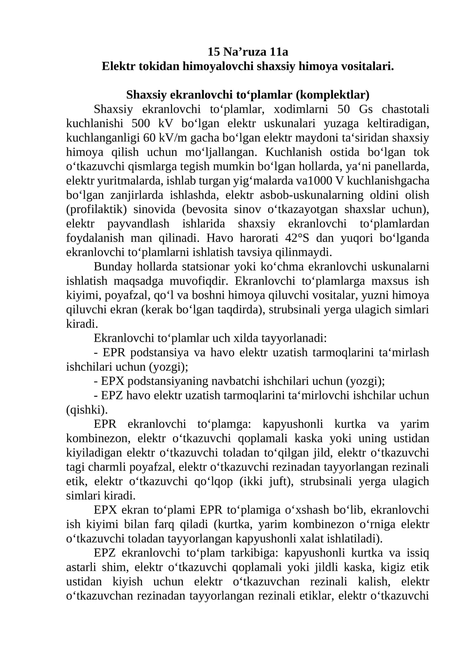 Elektr tokidan himoyalovchi shaxsiy himoya vositalari. Shaxsiy ekranlovchi to‘plamlar (komplektlar)