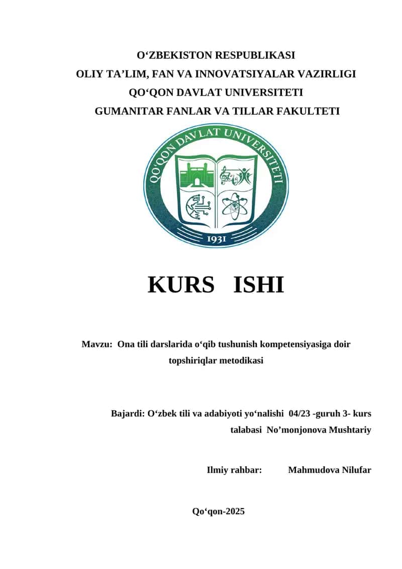 Ona tili darslarida oʻqib tushunish kompetensiyasiga doir topshiriqlar metodikasi
