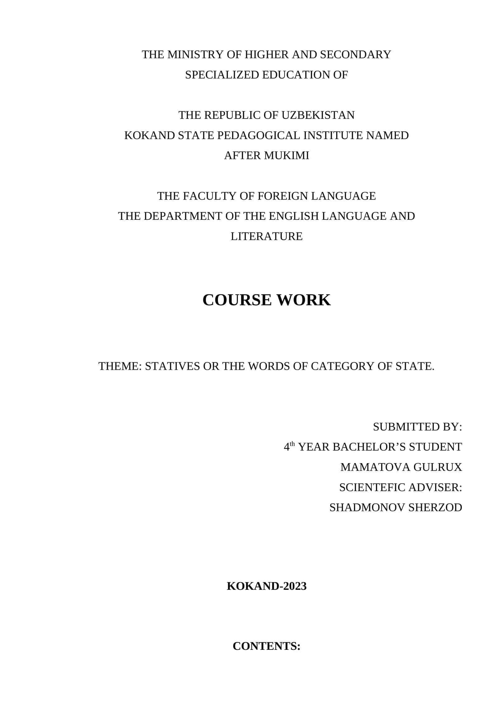 STATIVES OR THE WORDS OF CATEGORY OF STATE