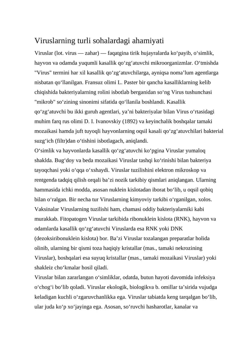 Viruslarning turli sohalardagi ahamiyati