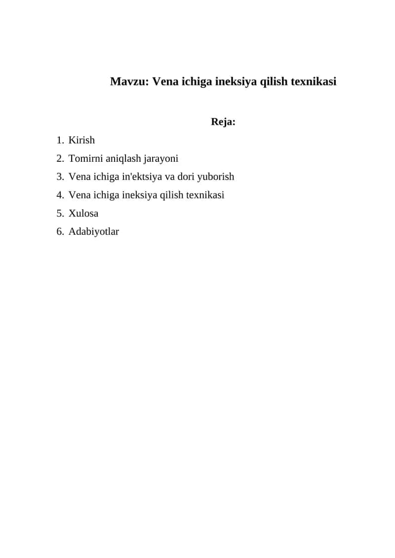 Vena ichiga ineksiya qilish texnikasi