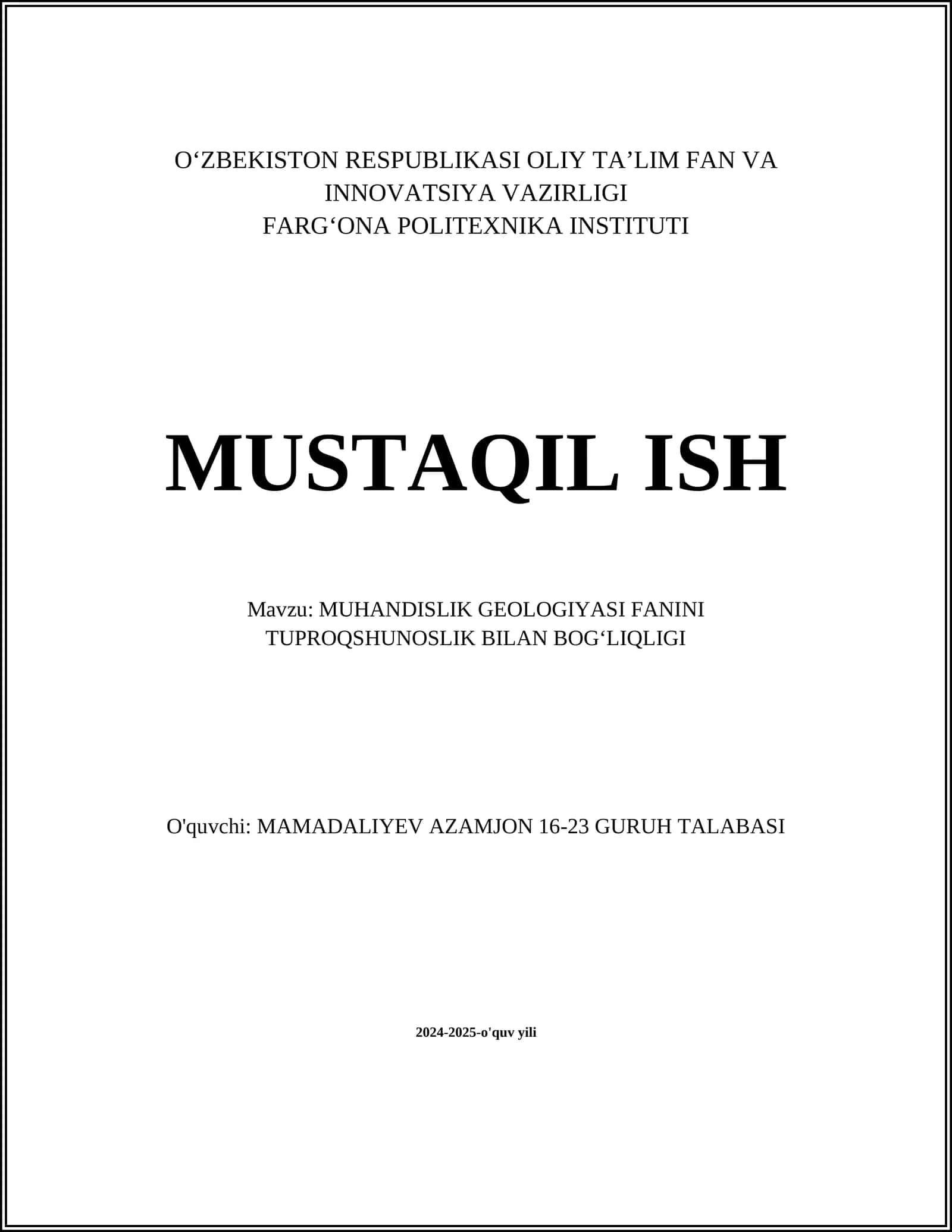 MUHANDISLIK GEOLOGIYASI FANINI TUPROQSHUNOSLIK BILAN BOGʻLIQLIGI