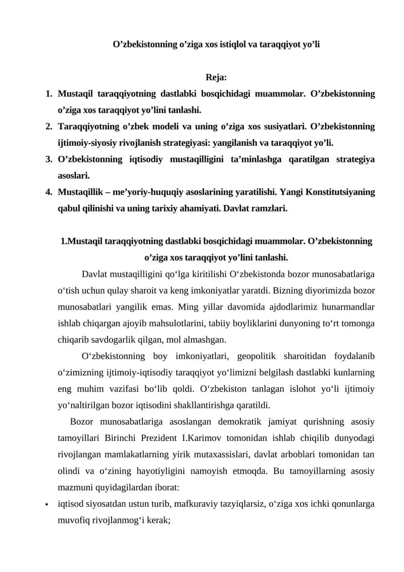 O‘zbekistonning o’ziga xos istiqlol va taraqqiyot yo’li