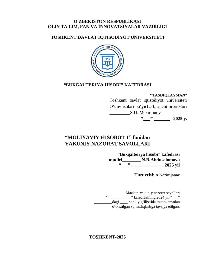 Moliyaviy Hisobot fanidan yakuniy nazorat testlari
