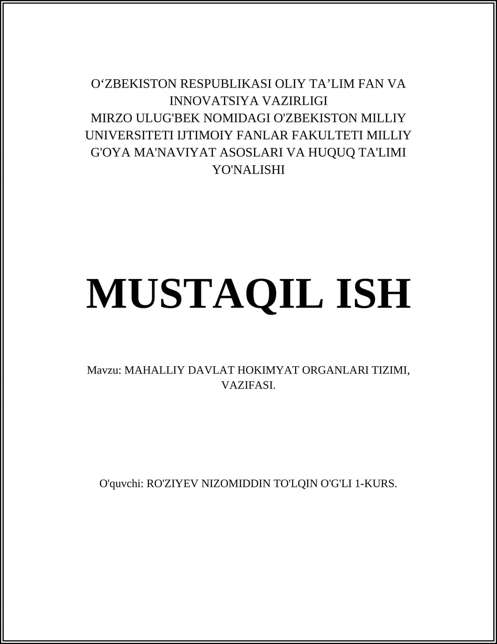 MAHALLIY DAVLAT HOKIMYAT ORGANLARI TIZIMI, VAZIFASI
