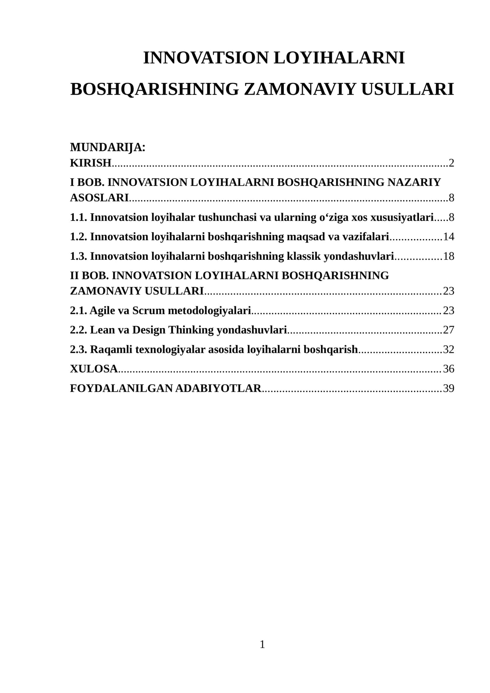 INNOVATSION LOYIHALARNI BOSHQARISHNING ZAMONAVIY USULLARI