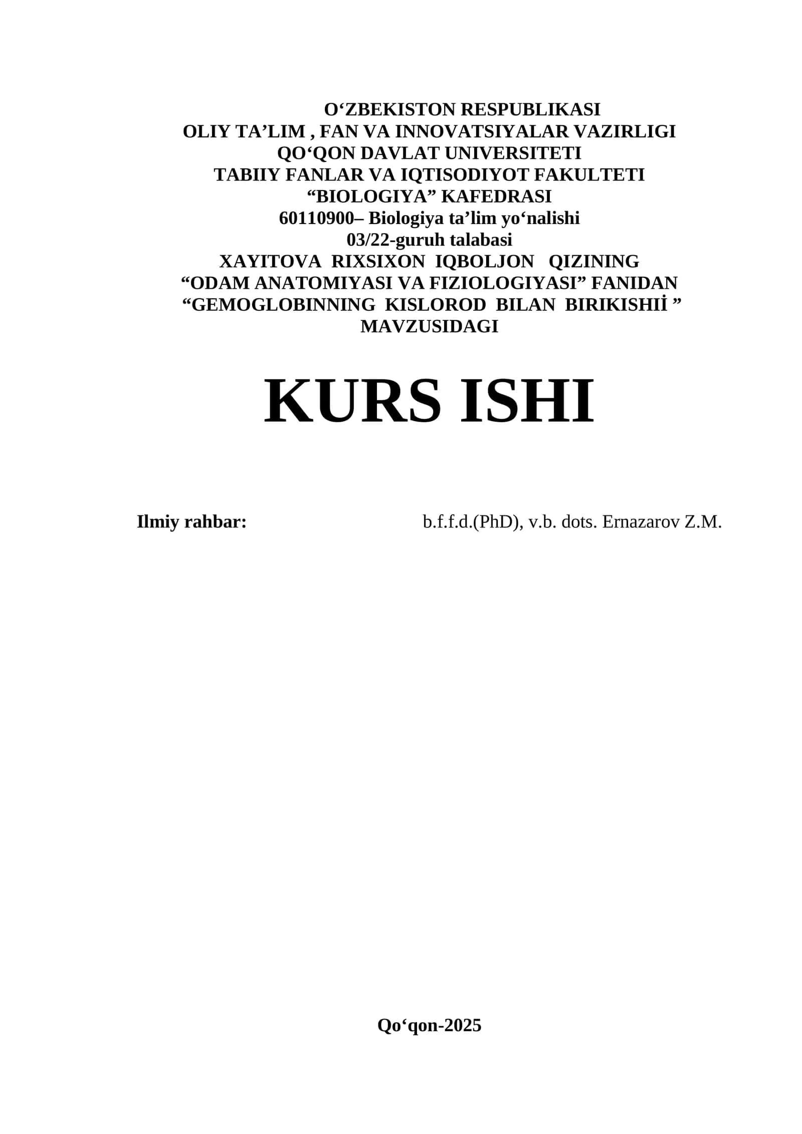 "GEMOGLOBINNING KISLOROD BILAN BIRIKISHIİ" MAVZUSIDAGI KURS ISHI